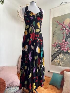 Vintage Carole Little Dress 4 90s Rayon Floral Maxi Halter Sun Dress Made in USA